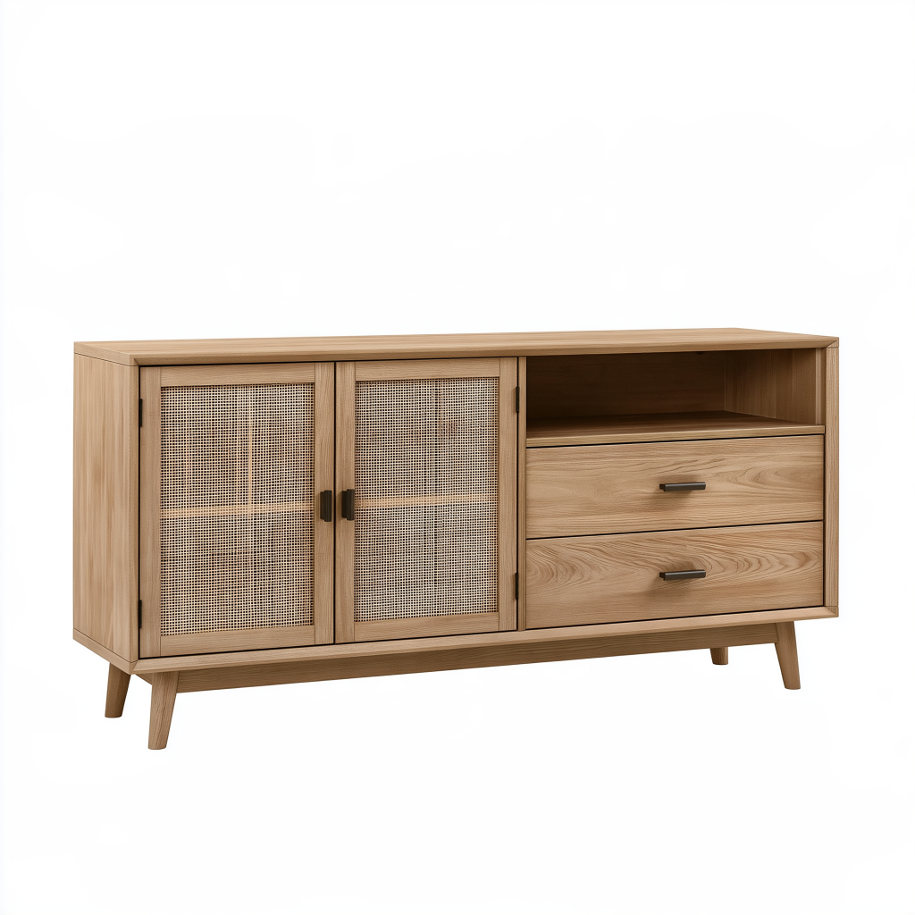 Buffet 160 x 40 x 80 cm en bois naturel et cannage avec 2 portes et 2 tiroirs style rétro