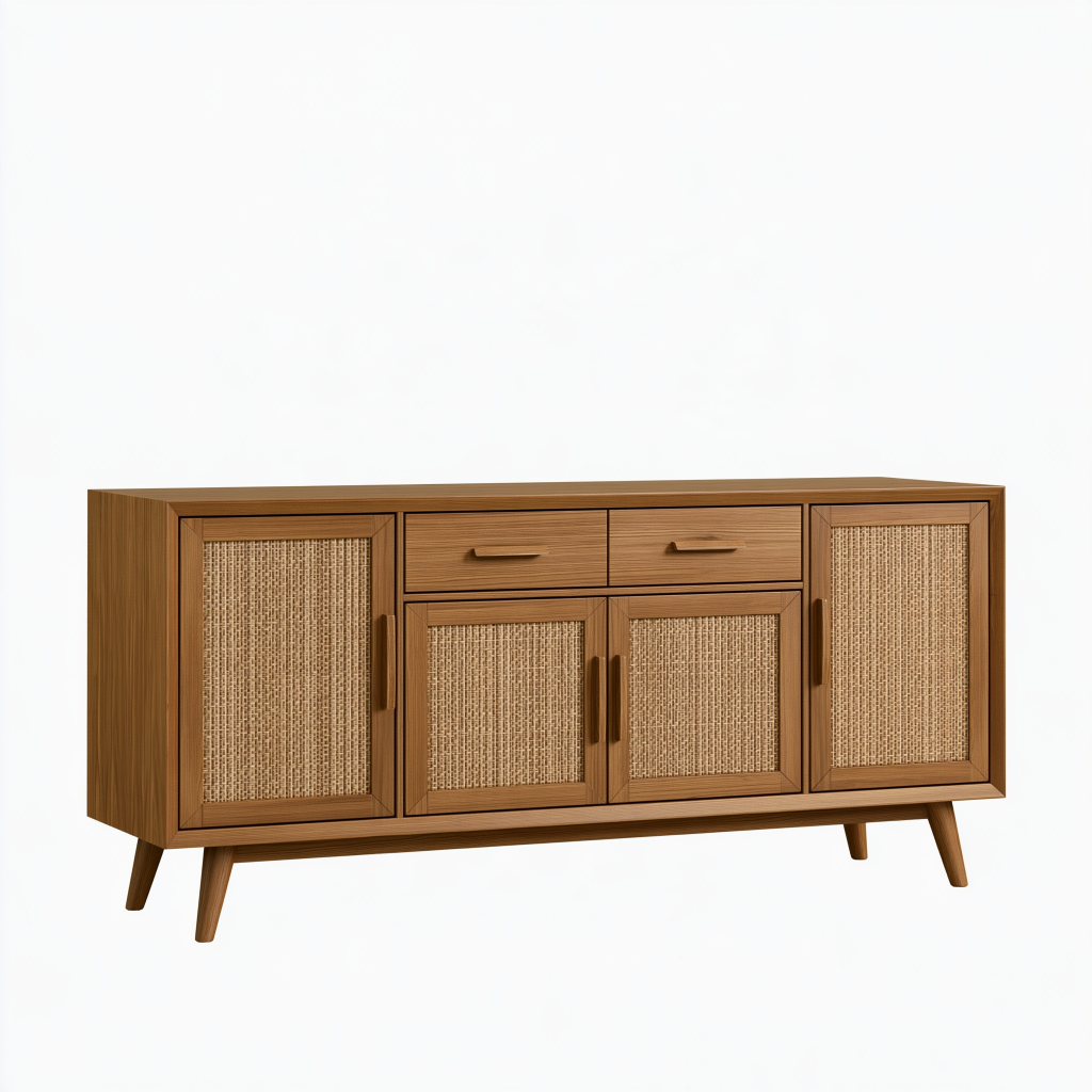 Buffet 160 x 40 x 85 cm en bois marron avec cannage style rétro
