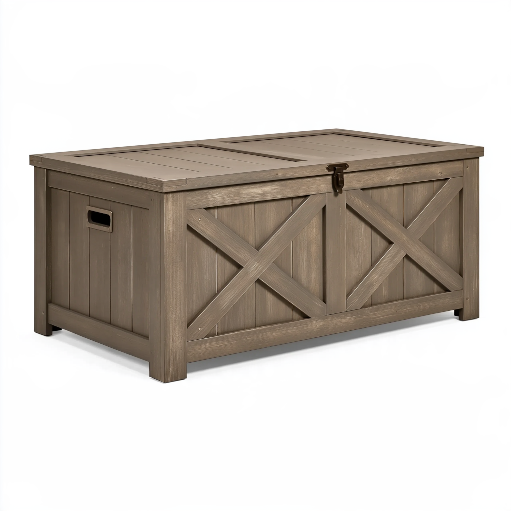 Coffre de rangement extérieur 120 x 60 x 65 cm en bois taupe style rustique à couvercle
