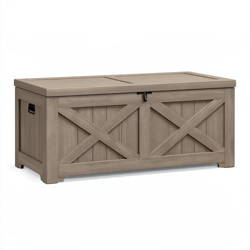 Coffre de rangement extérieur 120 x 60 x 65 cm en plastique taupe - effet bois avec couvercle verrouillable