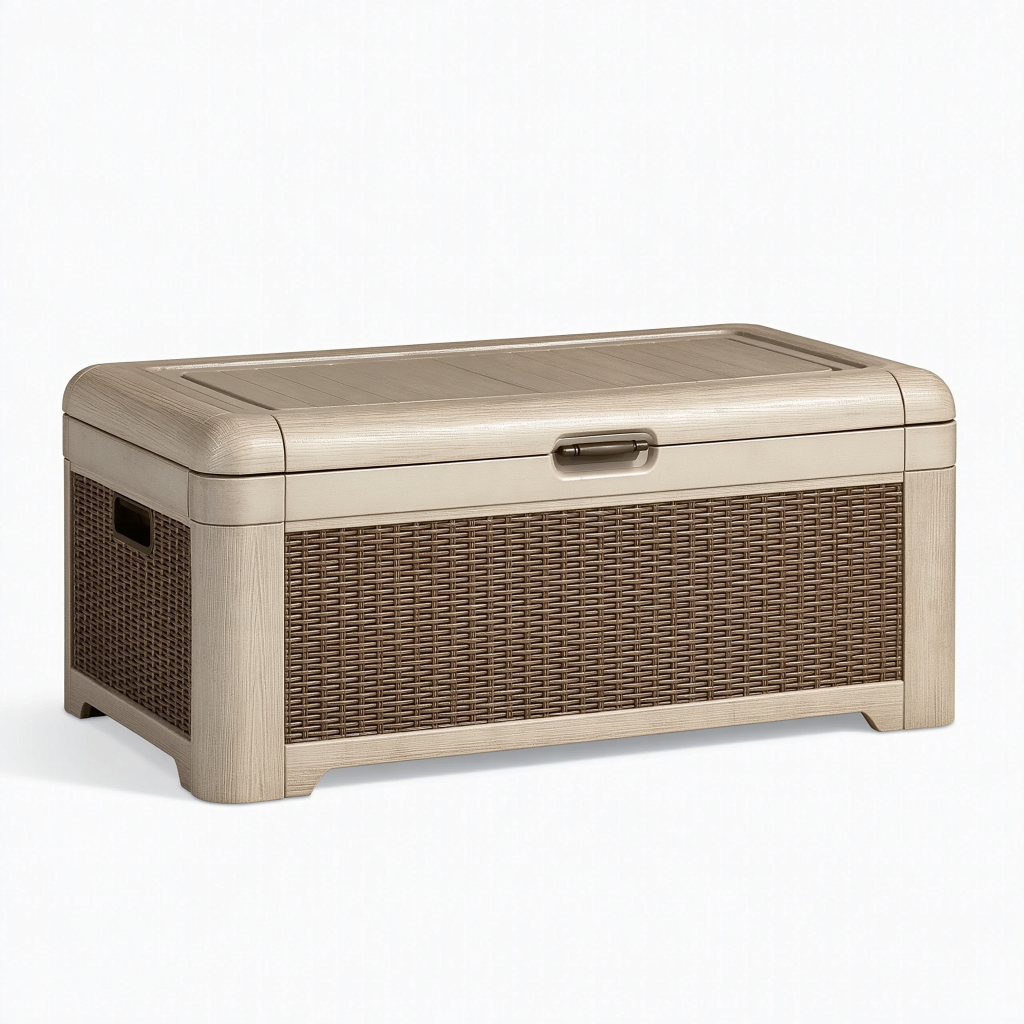 Coffre de rangement 100 x 50 x 55 cm en plastique beige effet bois tressé avec couvercle