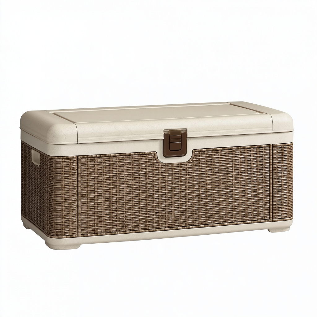 Coffre de rangement 80 x 45 x 45 cm imitation rotin brun et plastique beige avec couvercle