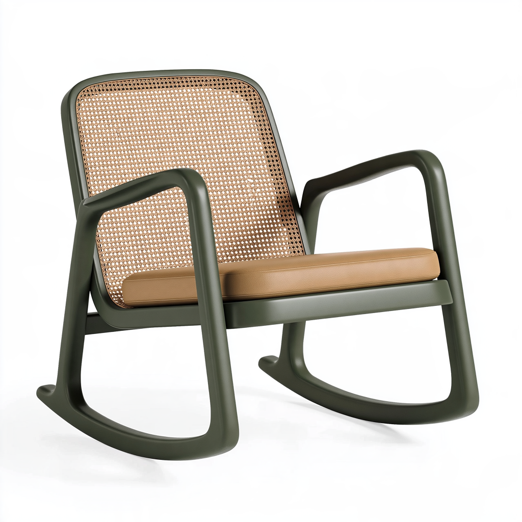Fauteuil à bascule 70 x 85 x 95 cm en rotin vert foncé avec coussin beige style contemporain