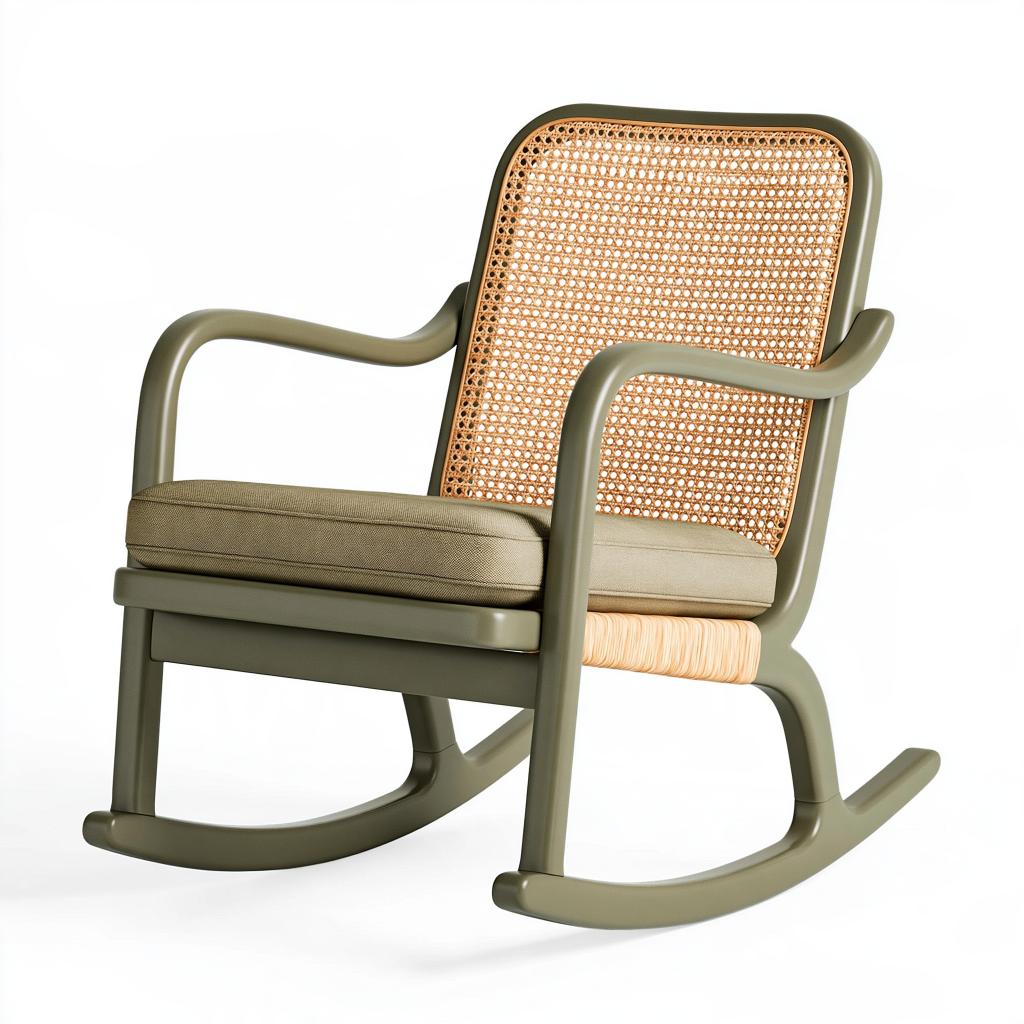 Fauteuil à bascule 68 x 92 x 102 cm en bois et cannage kaki naturel style rétro