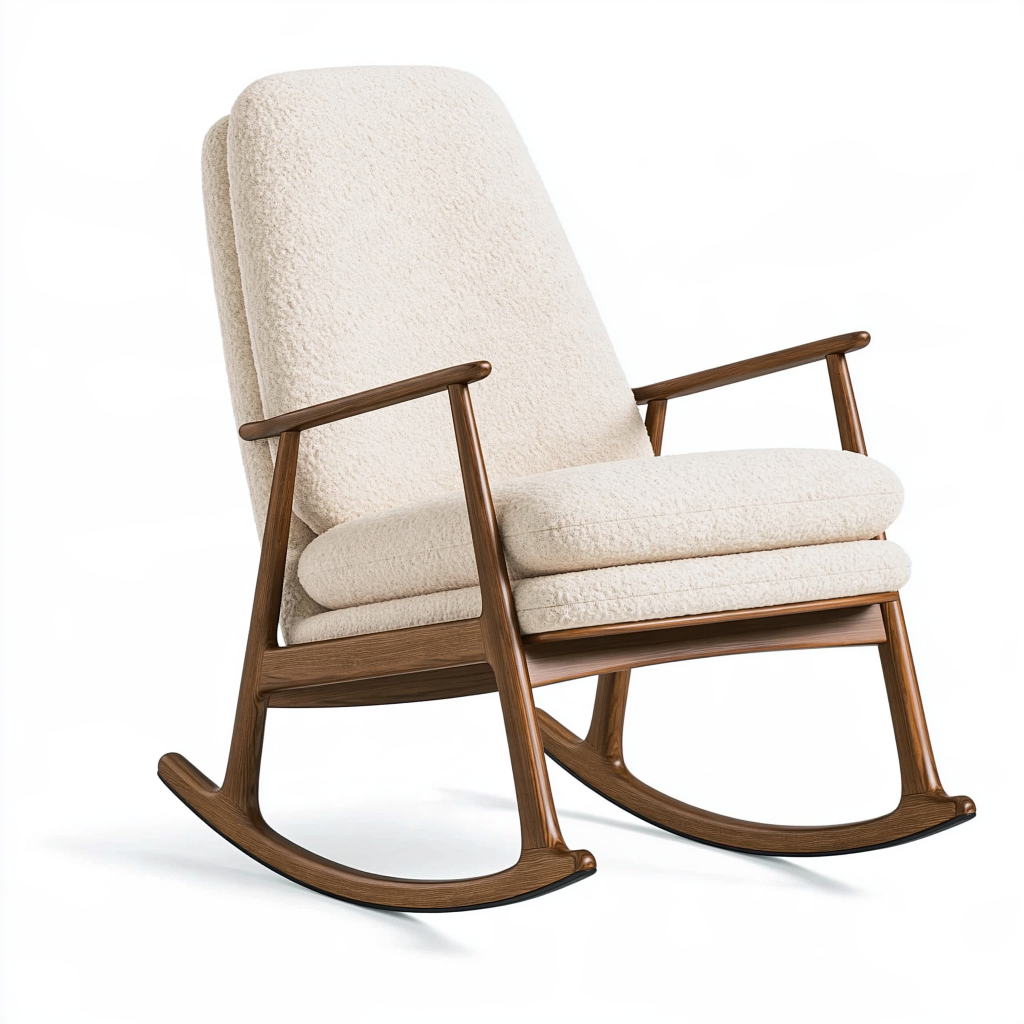 Fauteuil à bascule 70 cm x 95 cm x 105 cm en bois brun et tissu bouclé écru style scandinave