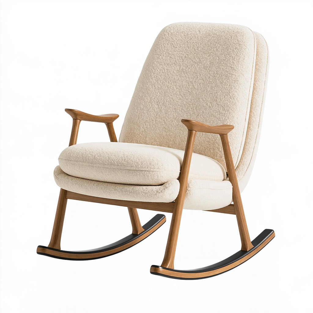 Fauteuil à bascule 68 x 95 x 103 cm textile bouclé écru et bois style scandinave
