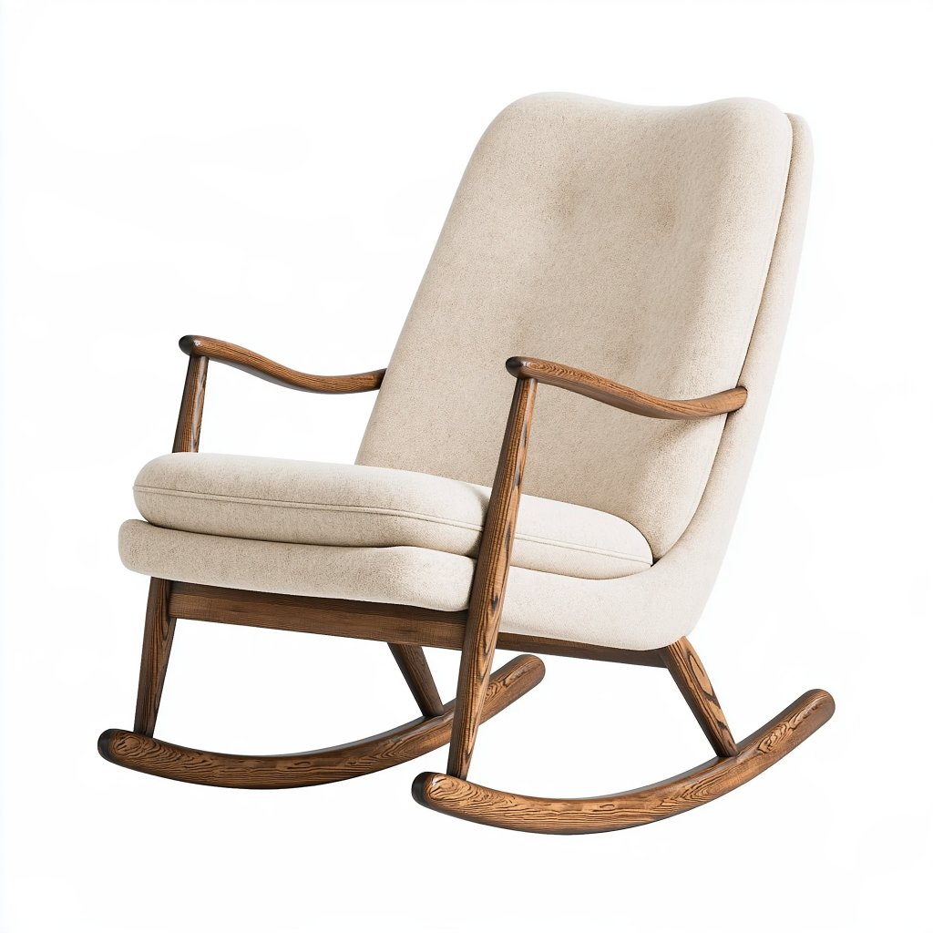Fauteuil à bascule 70 x 100 x 105 cm en tissu crème et bois marron - dossier haut