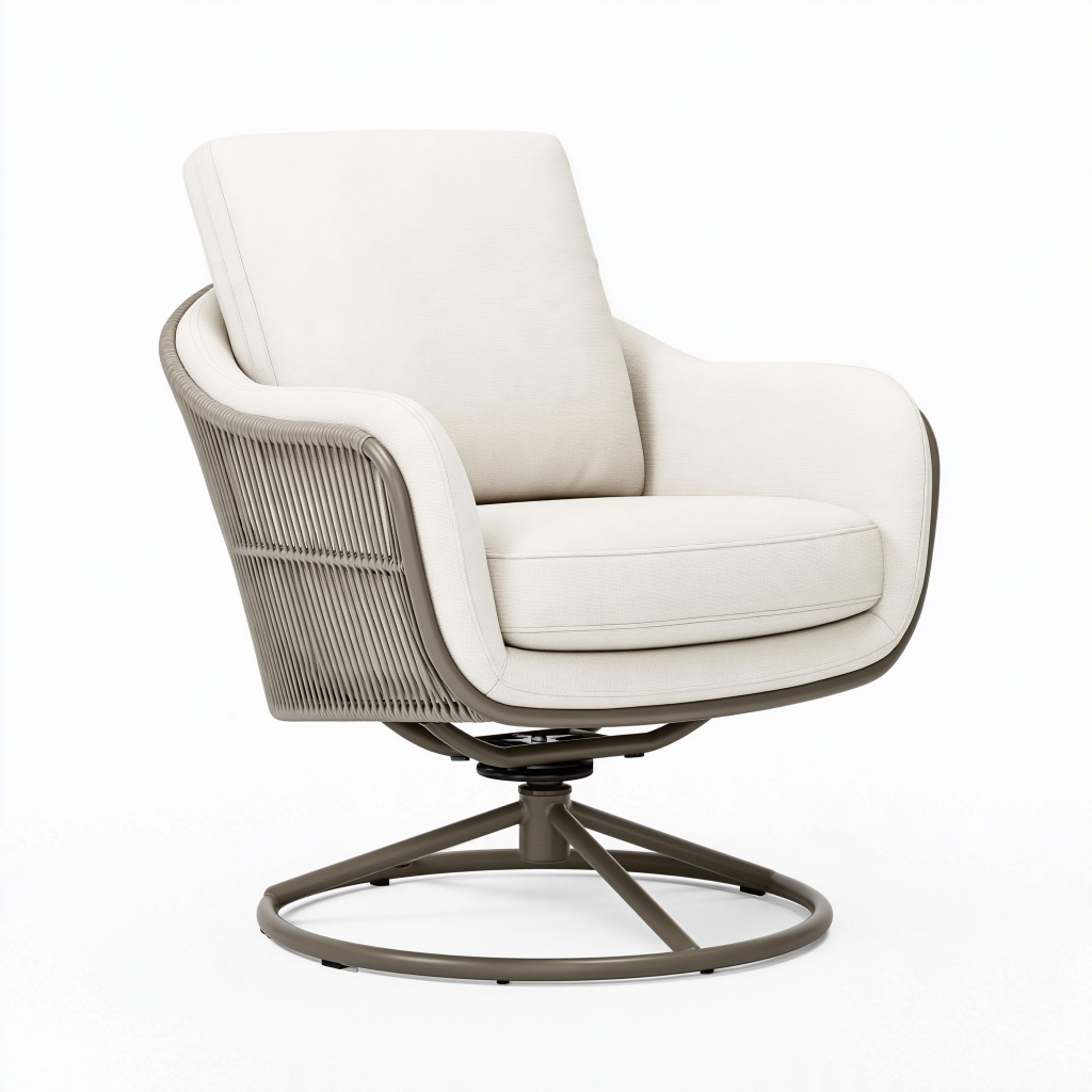 Fauteuil pivotant 82 x 85 x 90 cm en tissu écru et métal taupe pour salon contemporain
