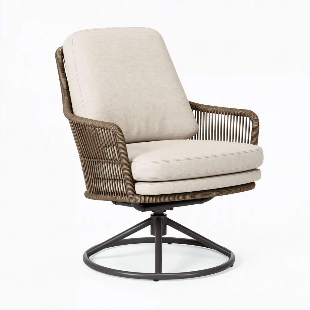 Fauteuil pivotant 72 x 78 x 92 cm en textile beige avec structure tressée marron