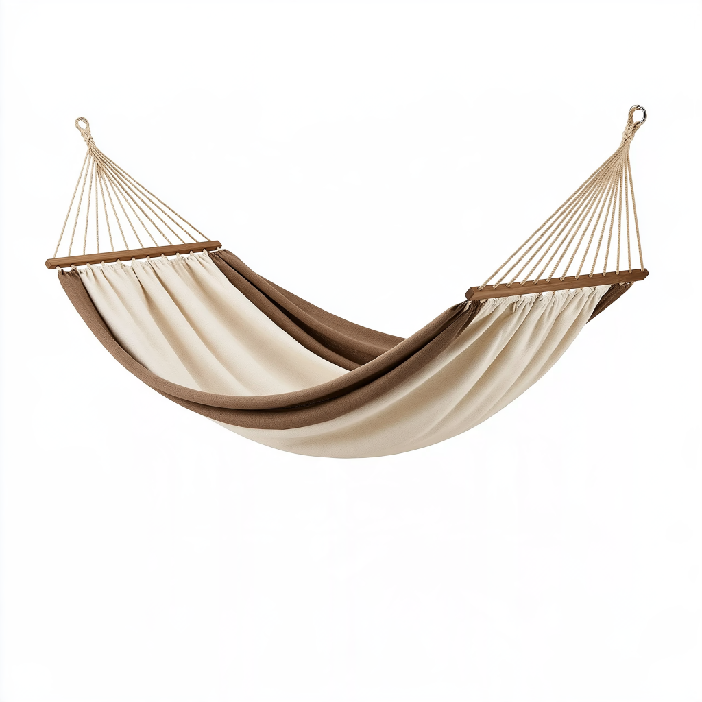 Hamac 300 x 100 cm en toile beige et marron avec barres en bois - Suspendu