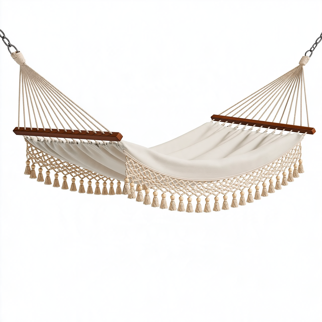 Hamac 200 x 100 cm en toile de coton écru avec barres en bois - style bohème pour jardin et terrasse