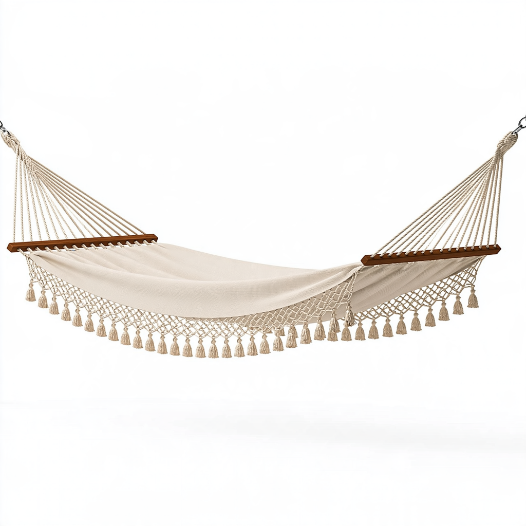 Hamac 300 x 100 cm en tissu beige avec barres en bois style bohème