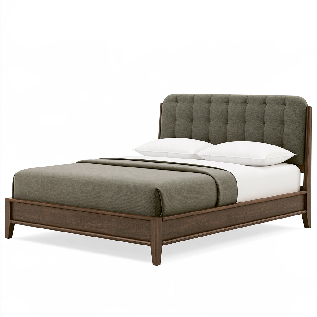 Lit double 160 x 200 cm en bois brun et tissu vert capitonné - style contemporain