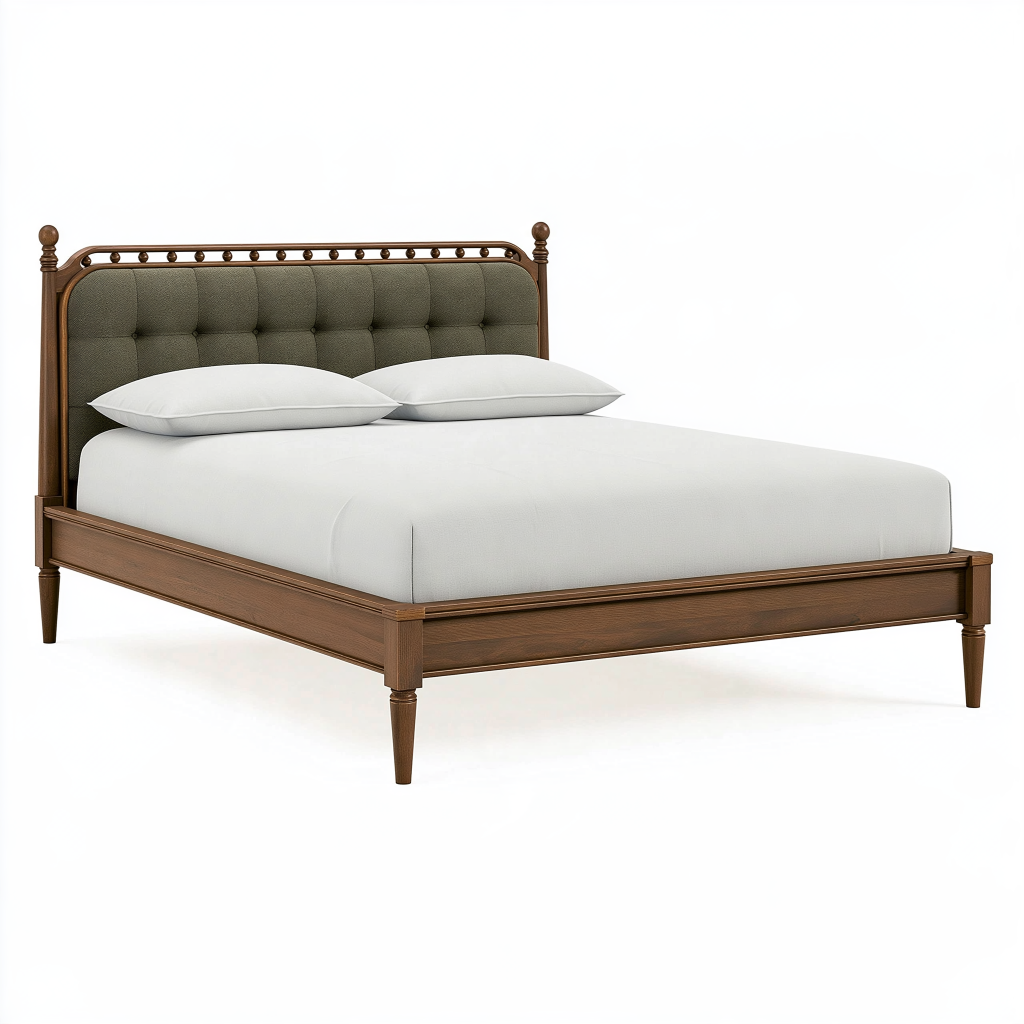 Lit double 160 x 200 cm en bois marron avec tête de lit capitonnée vert olive style classique