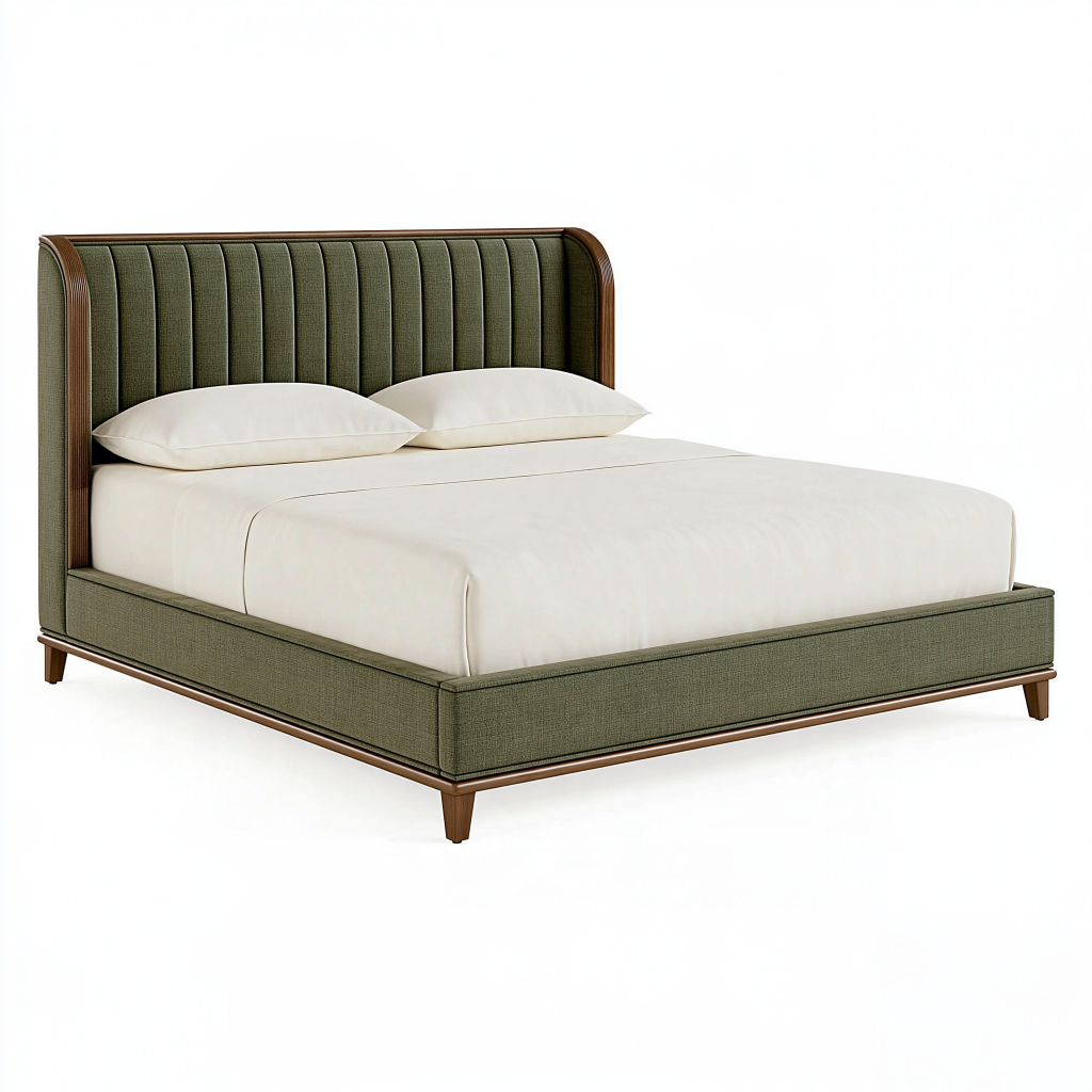 Lit double 180 x 200 cm tissu vert et bois style contemporain capitonné