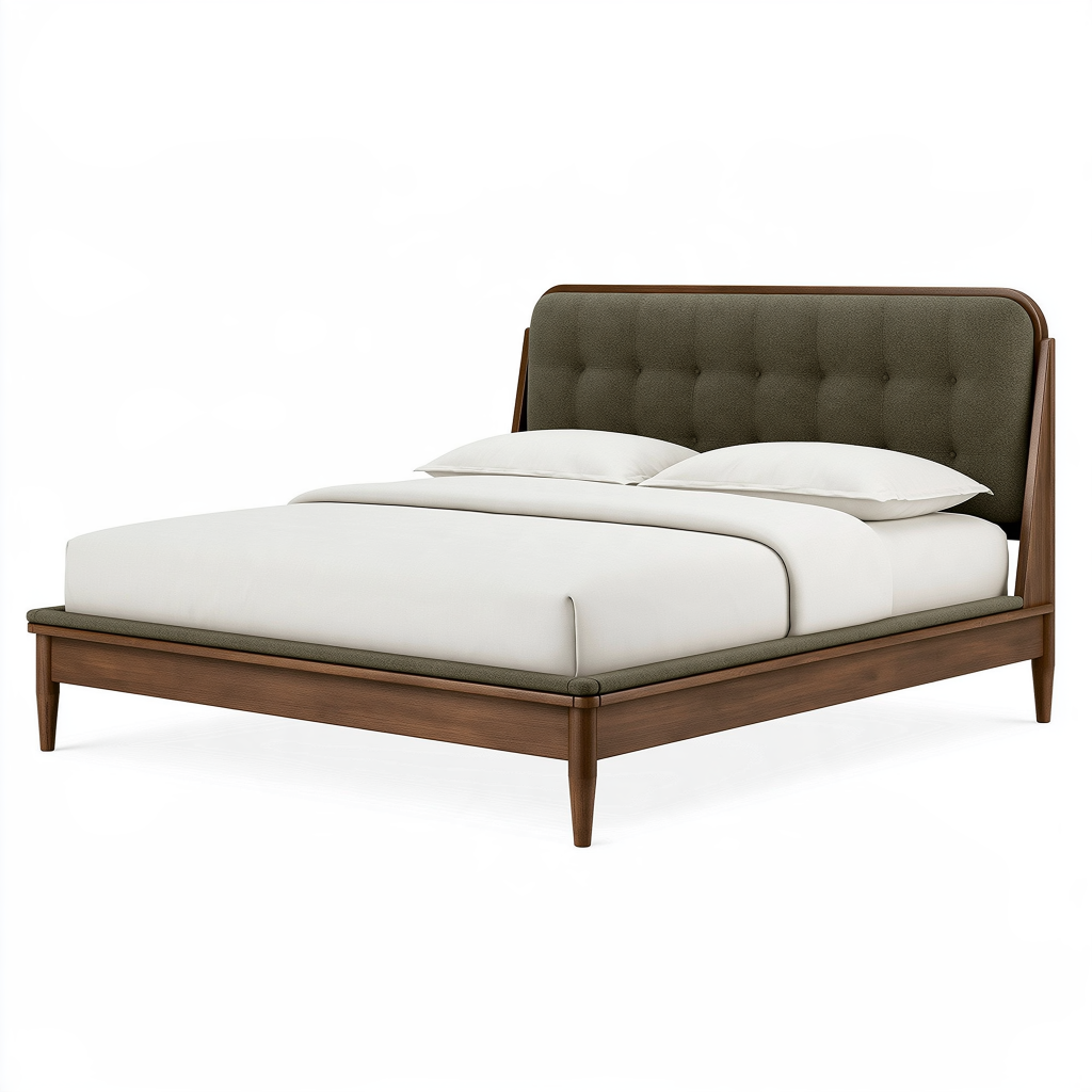 Lit 160 x 200 cm en bois noyer et tissu vert olive - cadre à tête de lit capitonnée contemporain