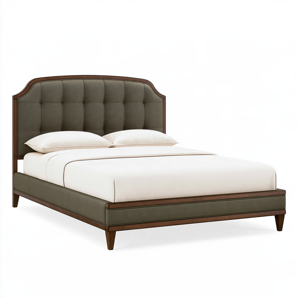 Lit double 160 x 200 cm en tissu vert olive et bois marron avec tête de lit capitonnée