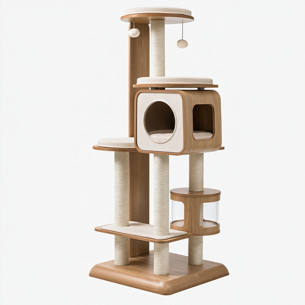 Arbre à chat 60 x 60 x 170 cm en bois beige avec poteaux en sisal et niches