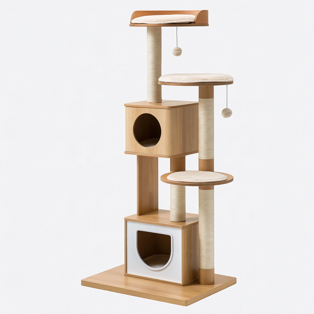 Arbre à chat 60 x 60 x 170 cm en bois beige avec griffoirs en sisal et niches style moderne