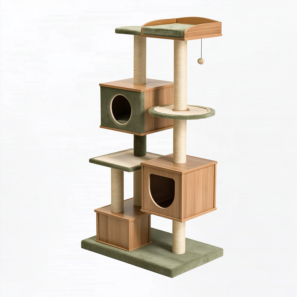 Arbre à chat 60 x 50 x 150 cm en panneaux aspect bois vert avec griffoirs et niches