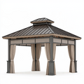 Pavillon de jardin 400 x 400 cm en métal gris anthracite avec rideaux beiges style contemporain
