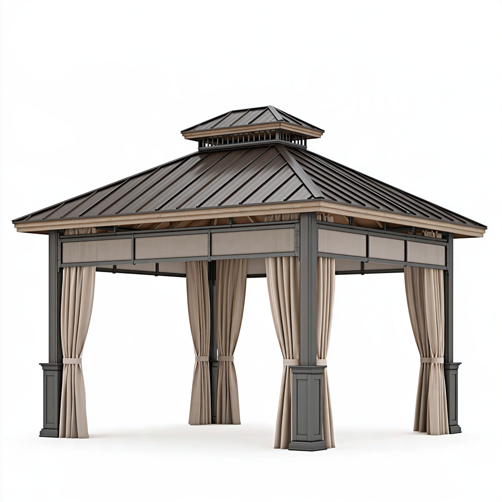 Pavillon de jardin 400 x 400 cm en métal gris anthracite avec rideaux beiges style contemporain