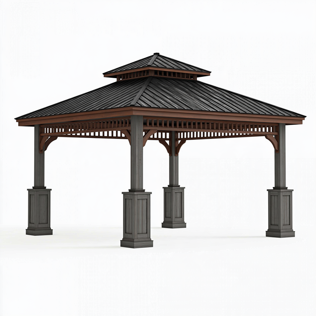 Tonnelle de jardin 400 x 400 cm métal gris brun toit ventilé