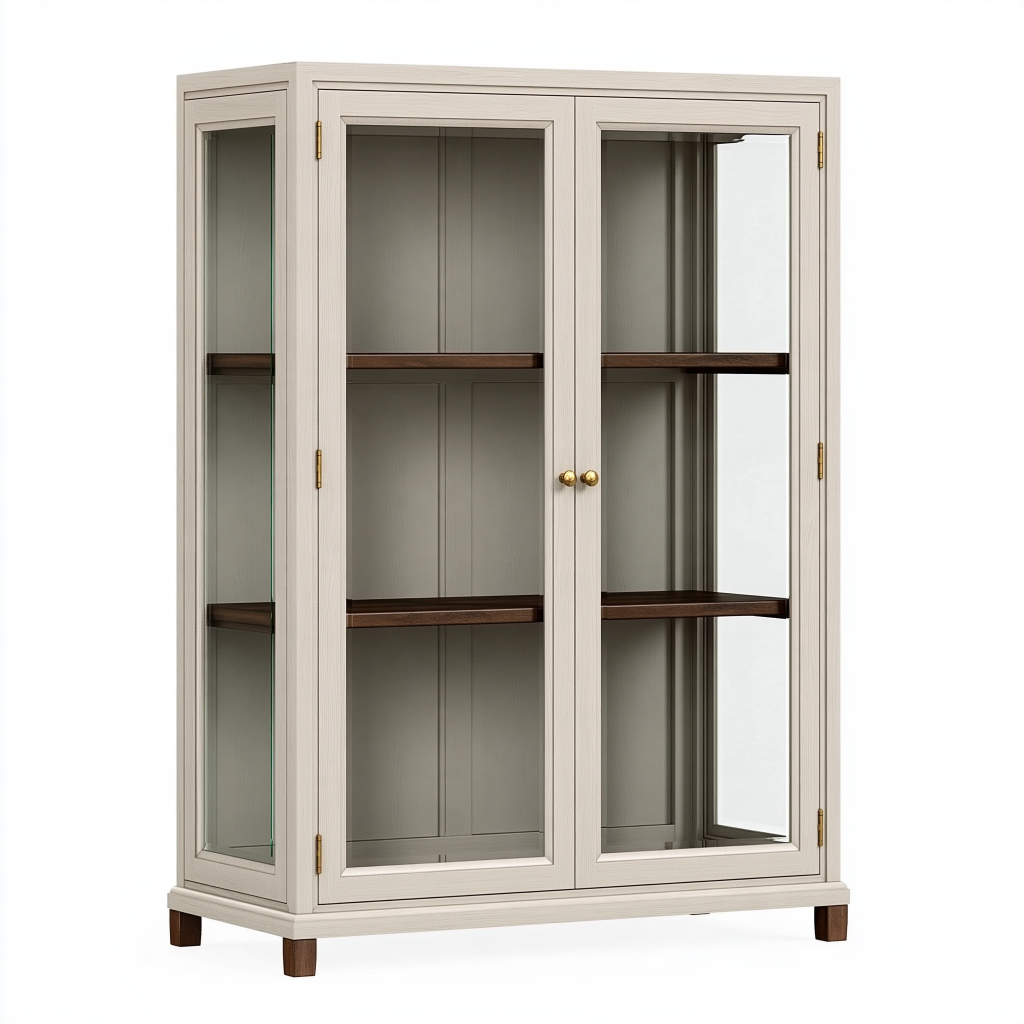 Vitrine 100 x 45 x 180 cm en bois et verre blanc cassé - rangement classique