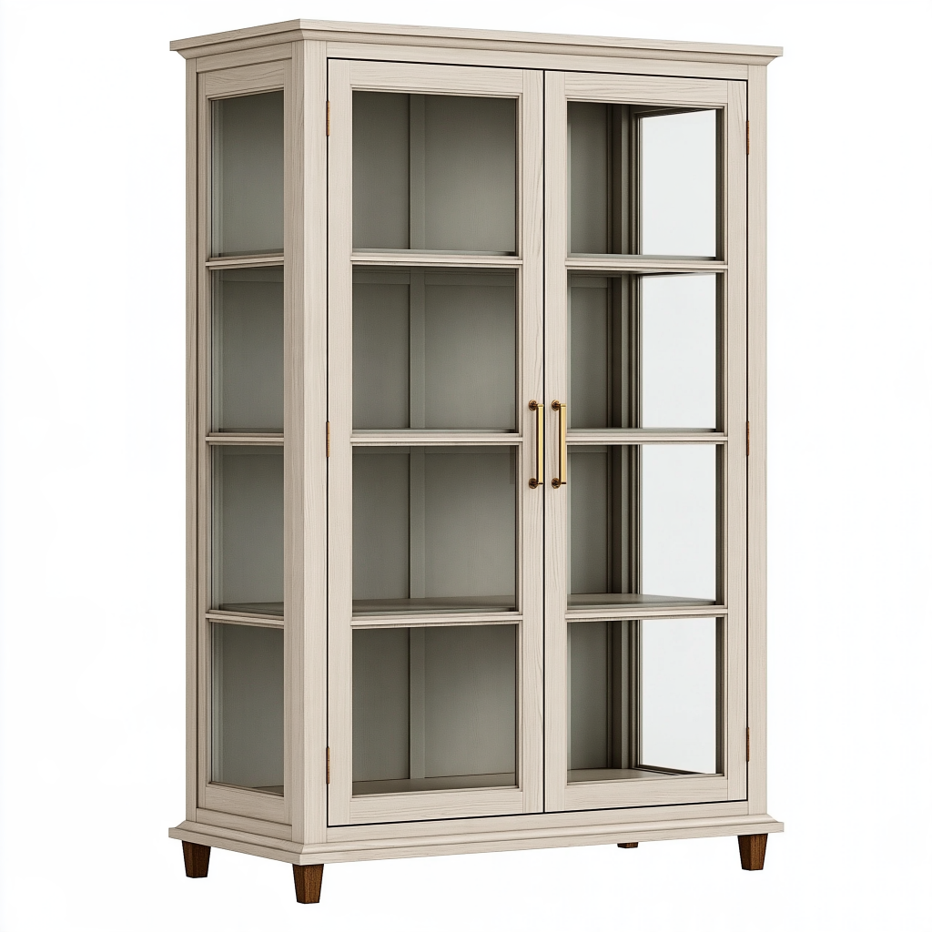 Vitrine 100 x 42 x 190 cm en bois beige à 2 portes vitrées style classique