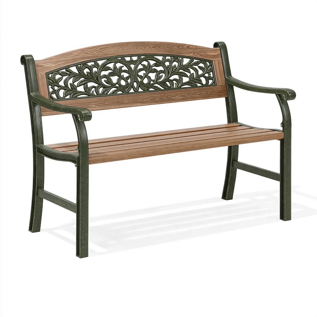 Banc de jardin 122 cm en plastique brun vert style classique avec accoudoirs