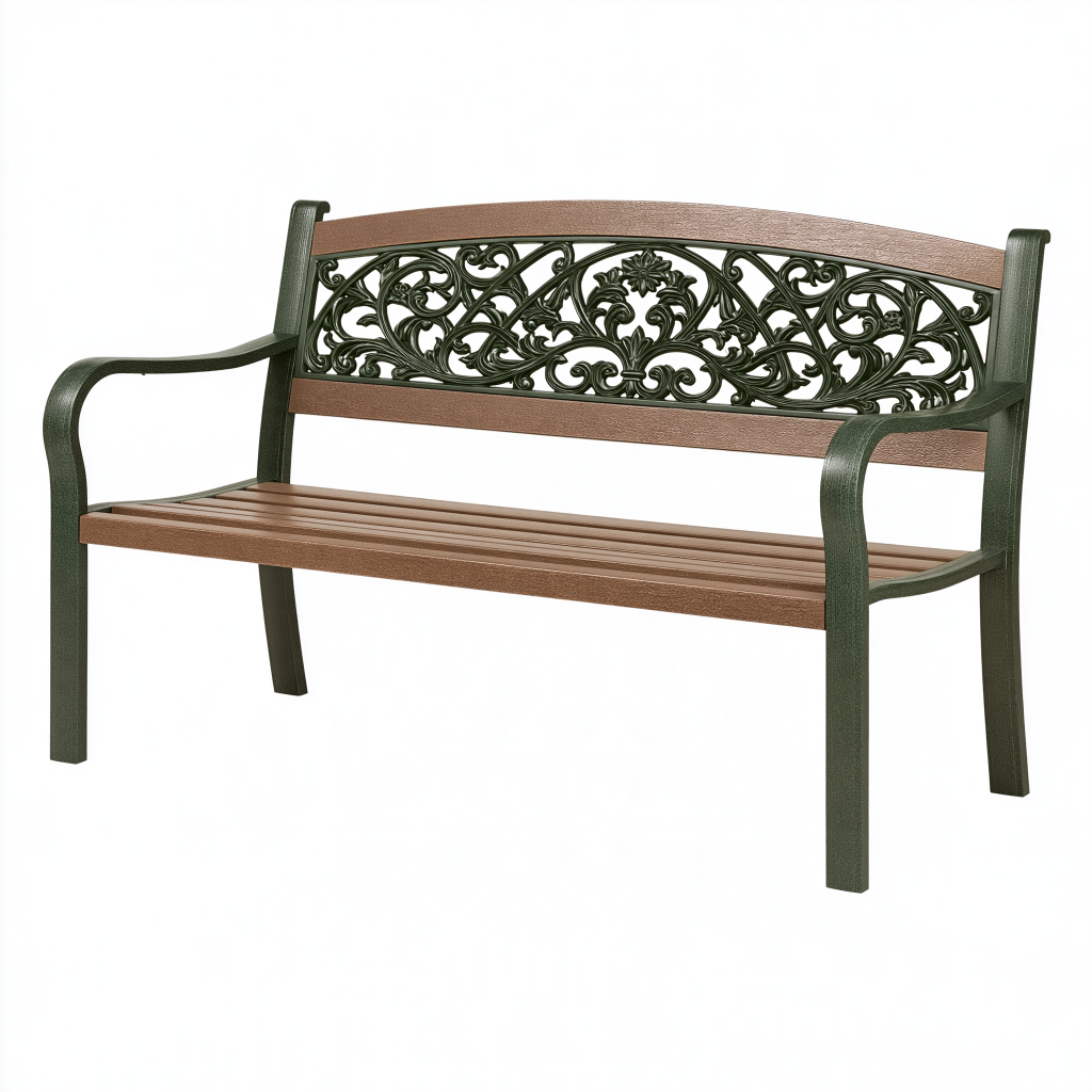 Banc de jardin 122 x 61 x 88 cm en métal vert foncé et marron style classique
